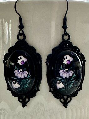 Gothic Black Oval Ghost Floral Dangle Earrings oval pendant 1.5” long